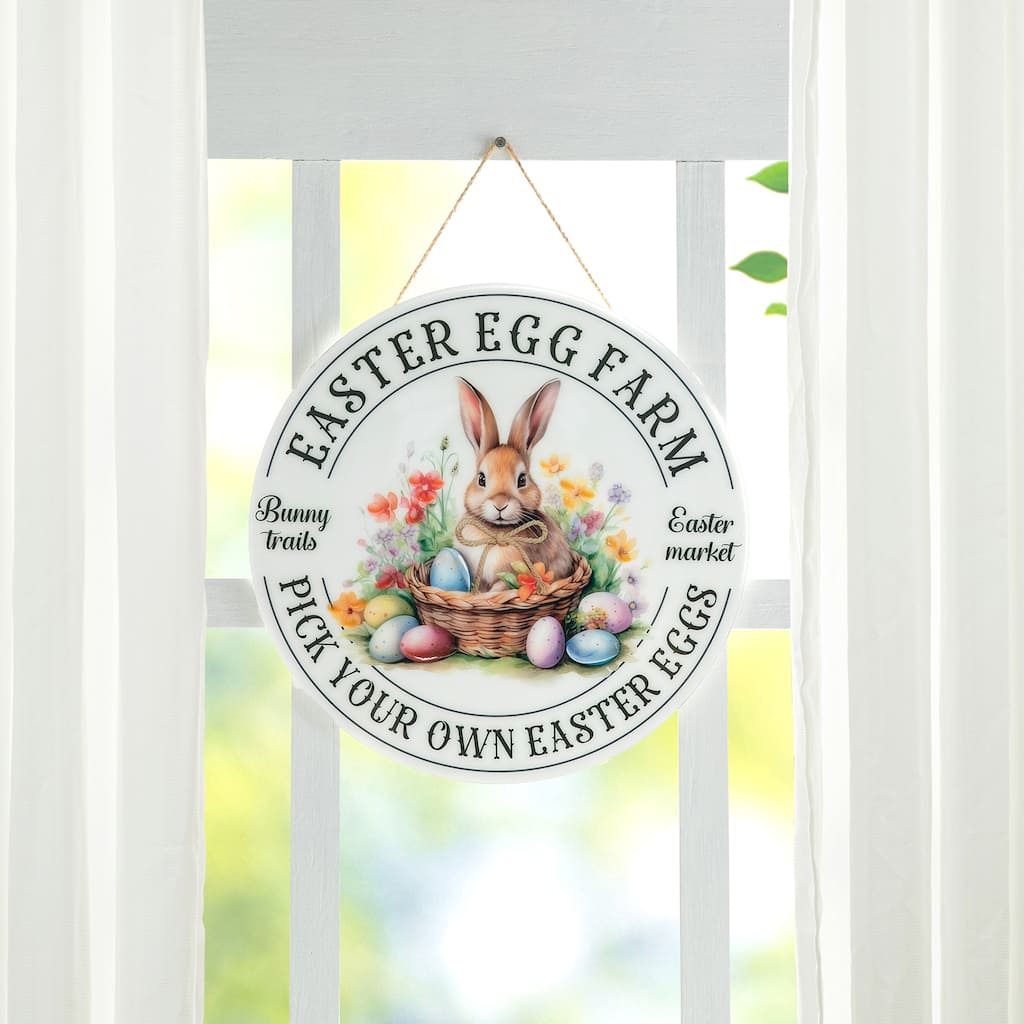 Glitzhome 11.75"D Easter Wooden & Epoxy Bunny Round Wall/Door Hanger