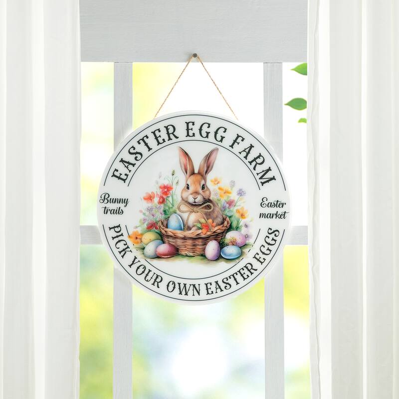 Glitzhome Easter Bunny Door Hanger with Eggs Tulip Teardrop Carrot Spring Wall Decor - Bunny Round Door Hanger