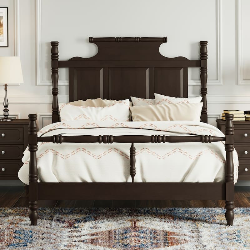 Modern Wood Four Poster Platform Bed - Brown - Queen