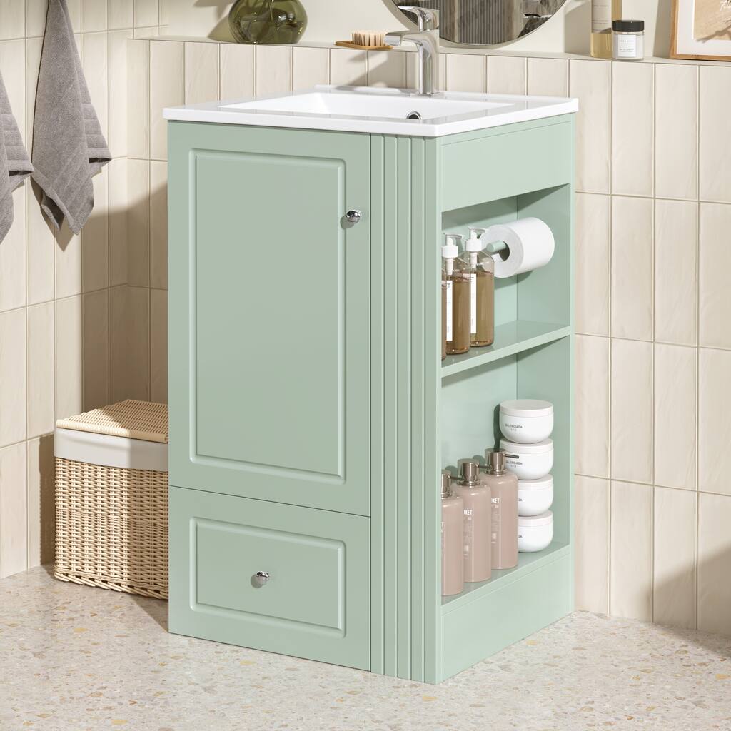 Roomfitters 20" Bathroom Vanity with Sink, Soft-Close Drawer, Side Open Shelves & Pinewood Towel Bar