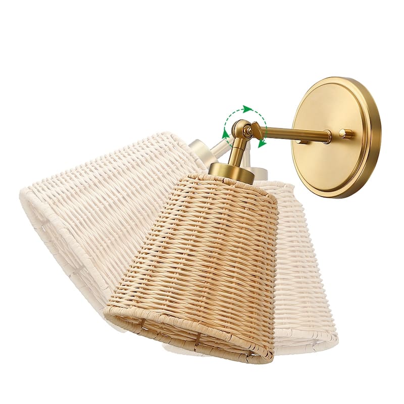 1-Light Boho Natural Rattan Hardwired Wall Sconce with Adjustable Swivel Swing Arm