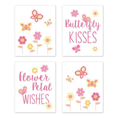 Butterfly Collection Wall Decor Art Prints (Set of 4) - Pink and Orange Floral Flower Garden Kisses and Wishes
