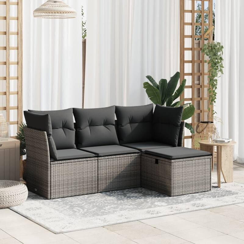 vidaXL Patio Sofa Set with Cushions Outdoor Furniture 4 Piece Poly Rattan - Grey without storage
