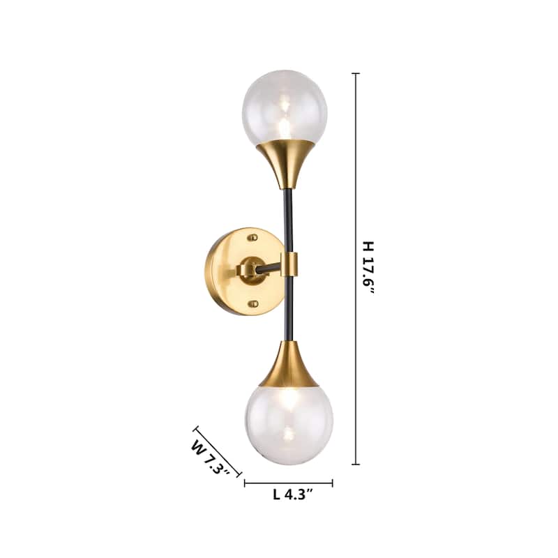 2 Light Black and Gold Metal Wall Sconces with Clear Glass Shades