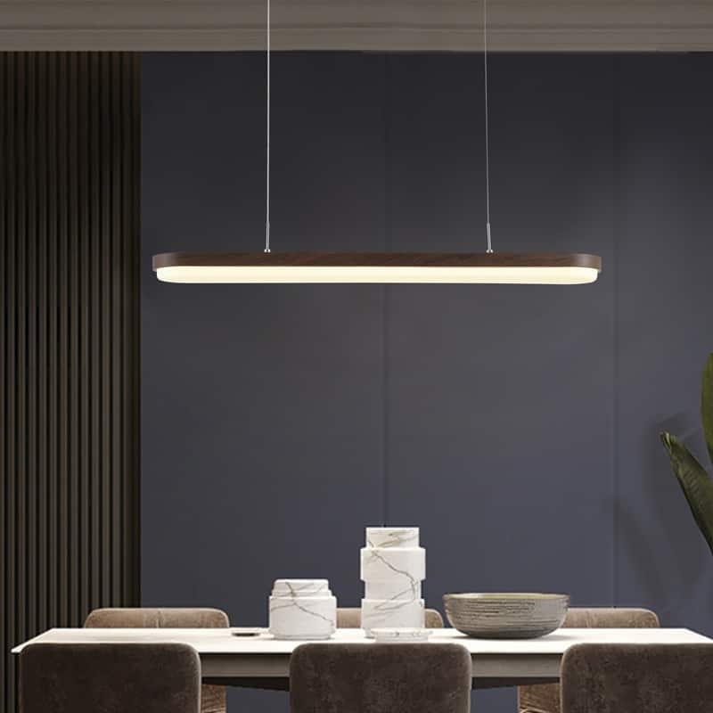 Modern Linear Pendant Light 38.5 Inch Walnut Wood Grain Iron Fixture with Milky White PVC Shade