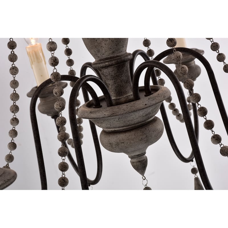 6-Light Slate Wood and Black Chandelier with Wooden Beads Hanging ...