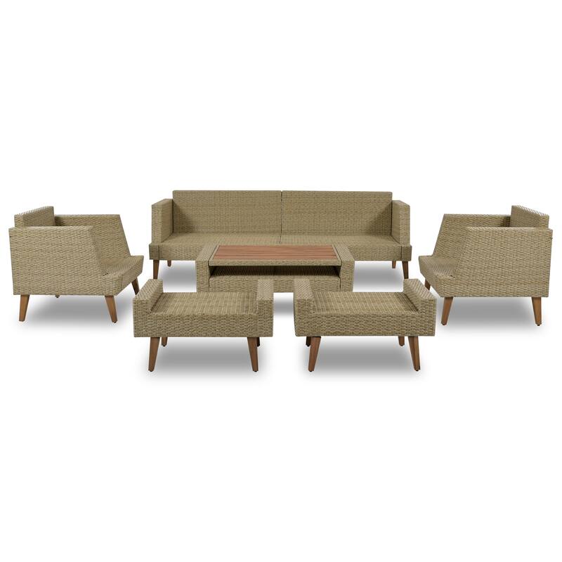 All-Weather PE Wicker Sofa Set with Double Cushions & Wood Legs, 6-Piece Outdoor Rattan Sectional