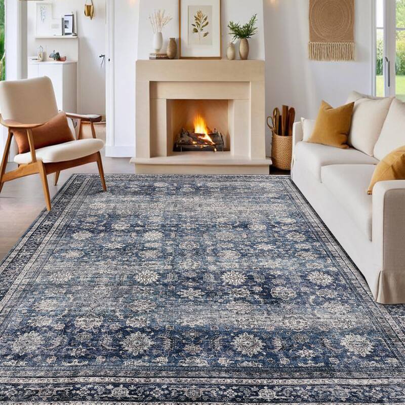 Area Rug Vintage Washable Floral Distressed Living Room Rugs, Soft Low Pile Non-Slip Rugs for Bedroom