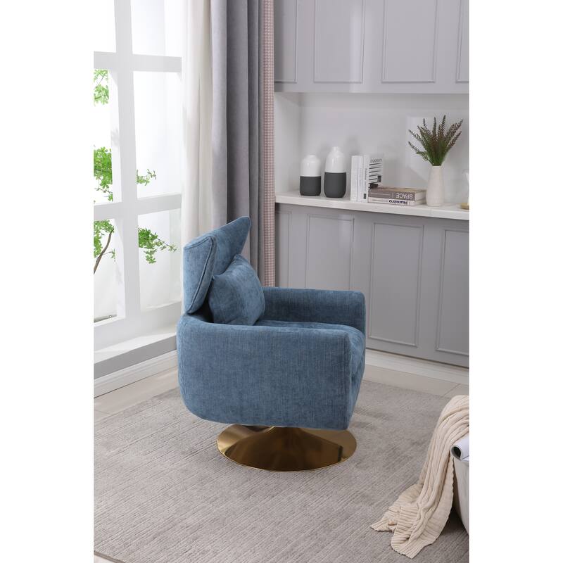 Blue Modern 29.9" Upholstered 360° Swivel Accent Chair with Iron Base and Pillow