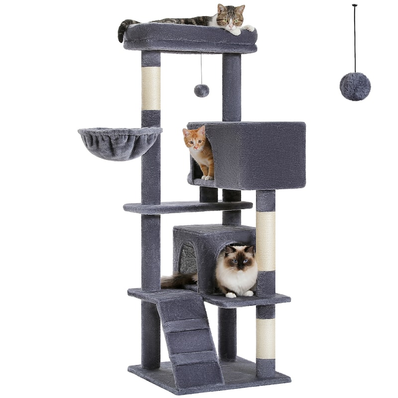 Cat Tree with Large Top Perch, Plush Hammock, 2 Condos, Dangling Pompom & Cat Scratching Posts