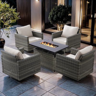 Outside 4 Swivel Chairs with Grey Wicker Fire Pit Table - 4PCS Grey Wicker Chairs w/ Grey Wicker Fire Table