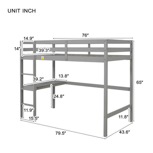 Twin Pine Wood Loft Bed w/Built-in Desk, Ladder, Guard Rails, Grey