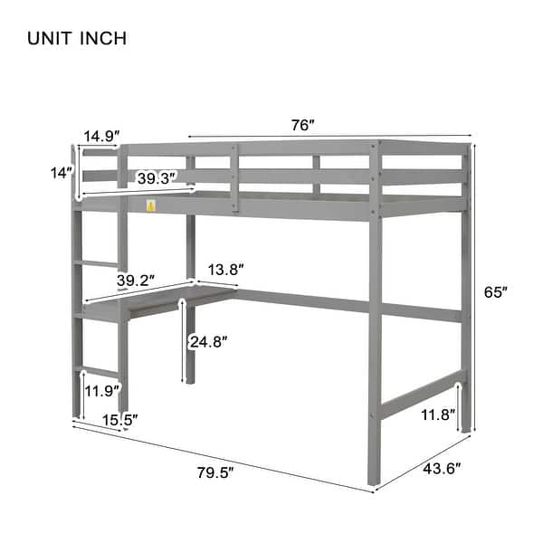 dimension image slide 3 of 6, Wood Loft Bed with Desk & Safety Guardrails
