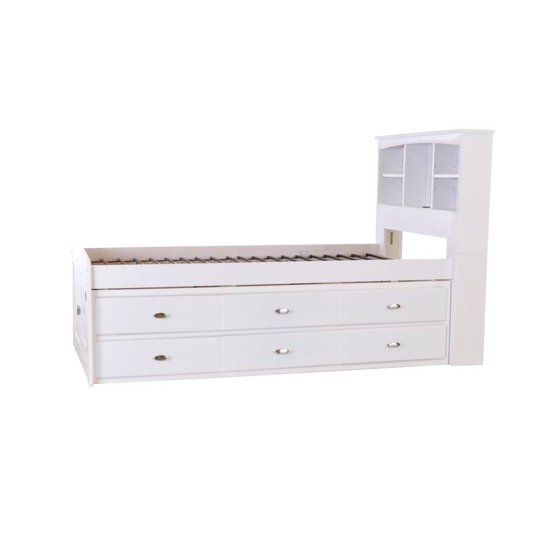 Twin Bookcase Bed with Drawers - Solid Pine Bed - Underbed Storage - Casual White Finish