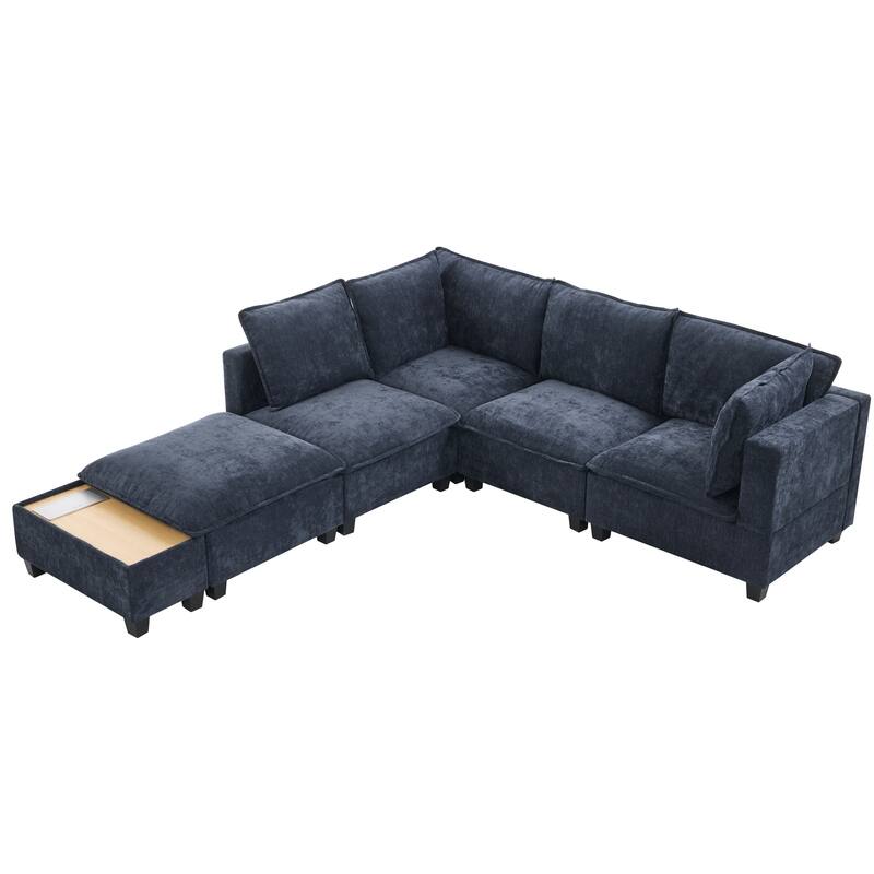 U-Shaped Sectional Sofa with Ottoman, Coffee Table with Hidden Charging Devices, Oversized Chenille Upholstered Cloud Sofa