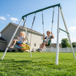 KloKick 7.5ft Heavy Duty Swing Set, 500lbs Capacity Outdoor Metal Swing Set for Kids & Adults with Spider Swing and Belt Swing