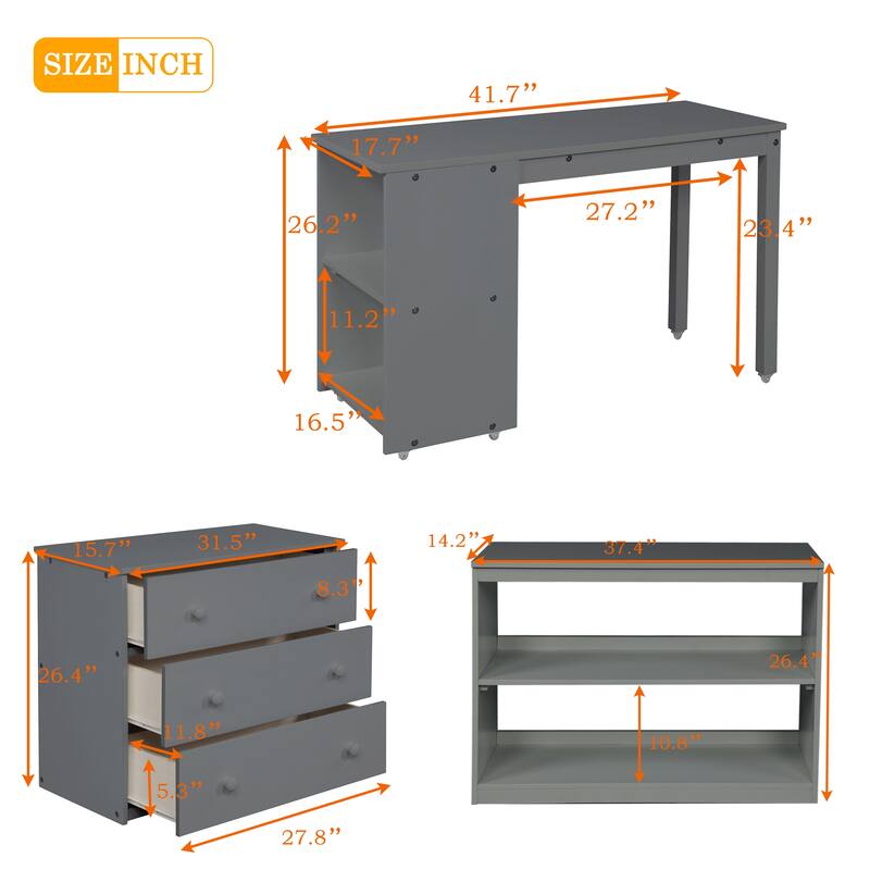 Compact Twin Loft Bed with Storage Drawers and Rolling Desk in Gray