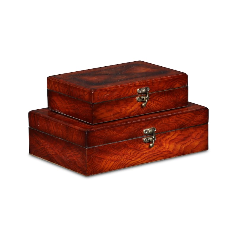 Brown Wooden Burlwood Veneer X Design Storage Boxes (Set of 2) - Brown