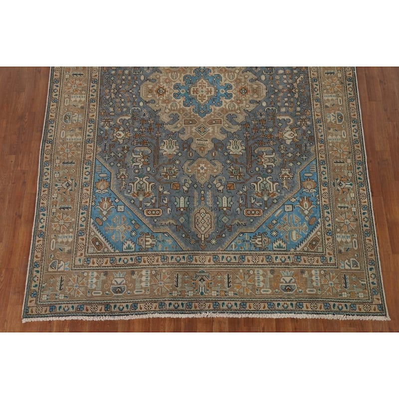 Blue Geometric Tabriz Vintage Persian Rug Hand-Knotted Wool Carpet - 6'5" x 9'4"