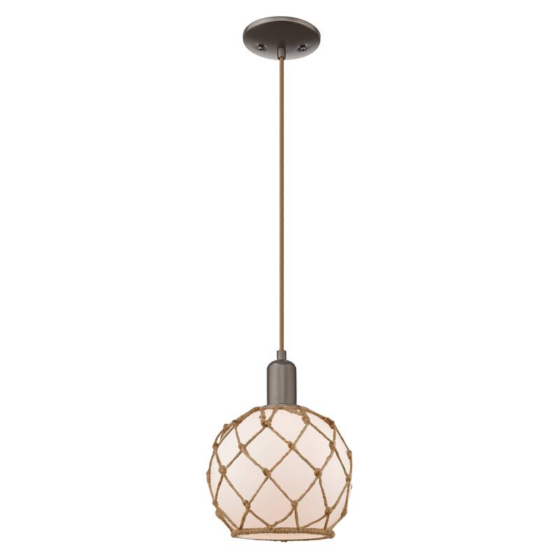 Innovations Lighting Endless Possibilities Arcadia - Farmhouse Rope - 1 Light 8" Cord Hung Mini Pendant - White Glass with Brown Rope/Oil Rubbed Bronze