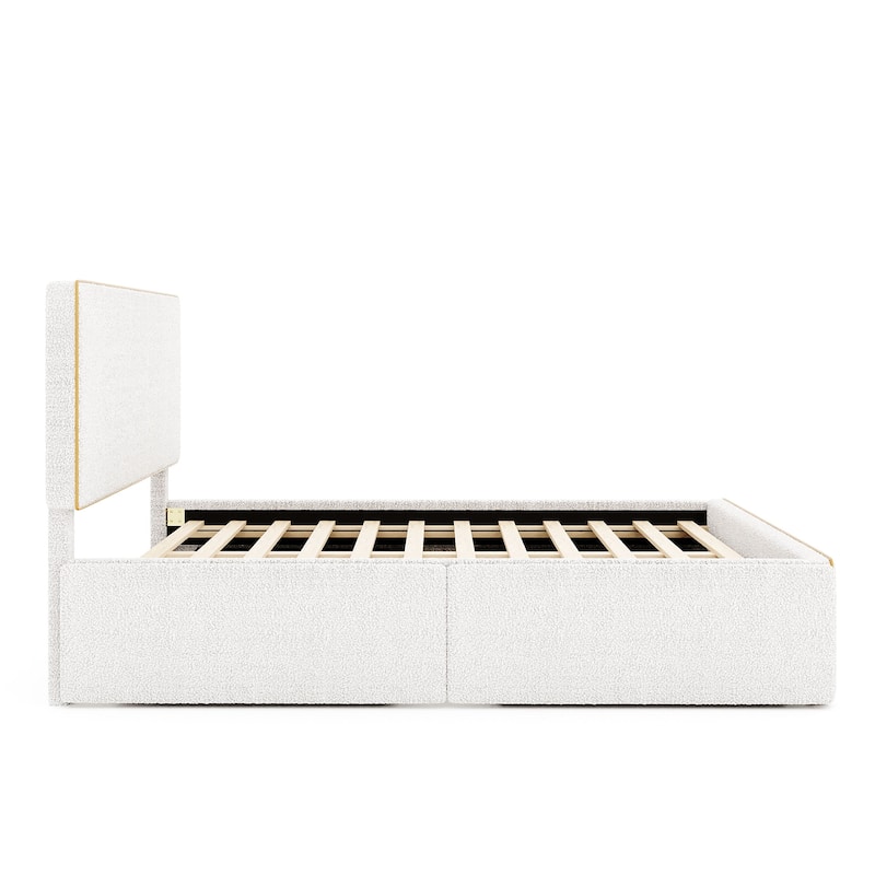Upholstered Platform Bed with 4 Drawers and Golden Edge