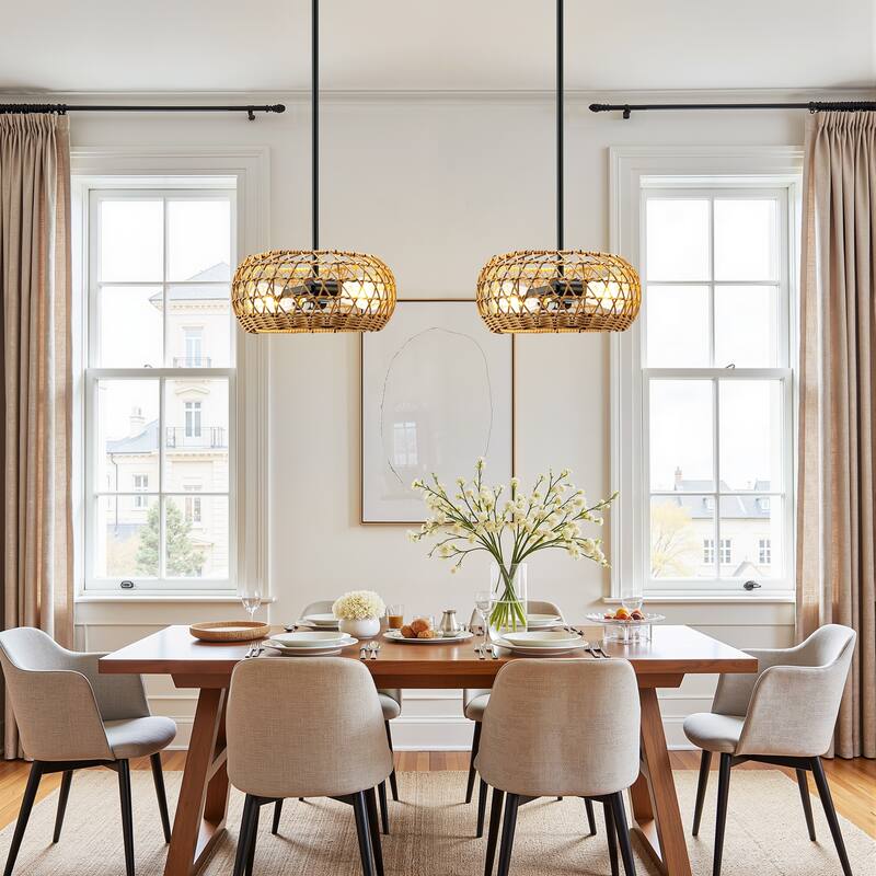 2-Light Boho Hand Woven Rattan Chandeliers Pendant Light