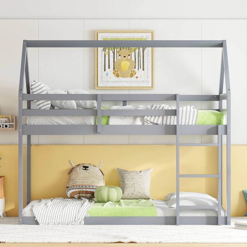 Grey Twin over Twin House-Shaped Bunk Bed with Ladder, Guardrails, and Low Height Design