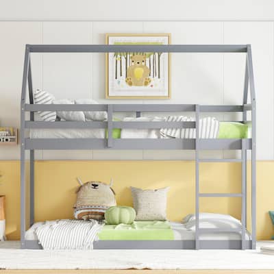Twin Over Twin Rubber Wood Floor Bunk Bed - House-Shaped, with Ladder & Guardrails