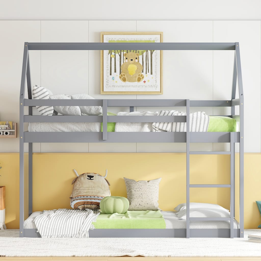 Twin over Twin Rubber Wood Floor Bunk Bed, with ladder,Guardrails,House-Shaped-Bunk Bed