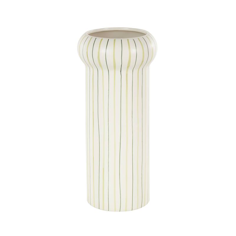 White Ceramic Round Decorative Vase with Green Linear Patterns