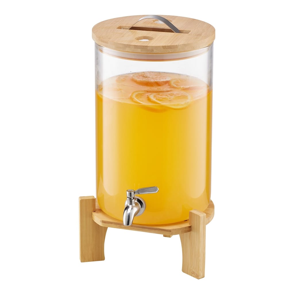 Transparent Borosilicate Glass Beverage Dispenser with Wicker Stand - 9.06” L x 9.06” W x 17.72” H