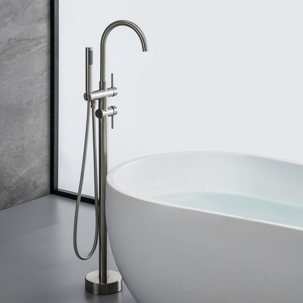 Modern 2-Handle Floor Mounted Freestanding Tub Filler with Handheld Showerhead in Black and Silver