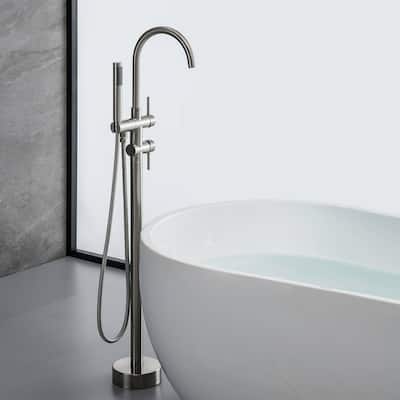 Modern 2-Handle Floor Mounted Freestanding Tub Filler with Handheld Showerhead in Black and Silver