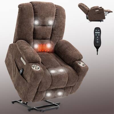 Brown Lift Recliner Sofa Chair w/ Charging Port Massage Heating Function