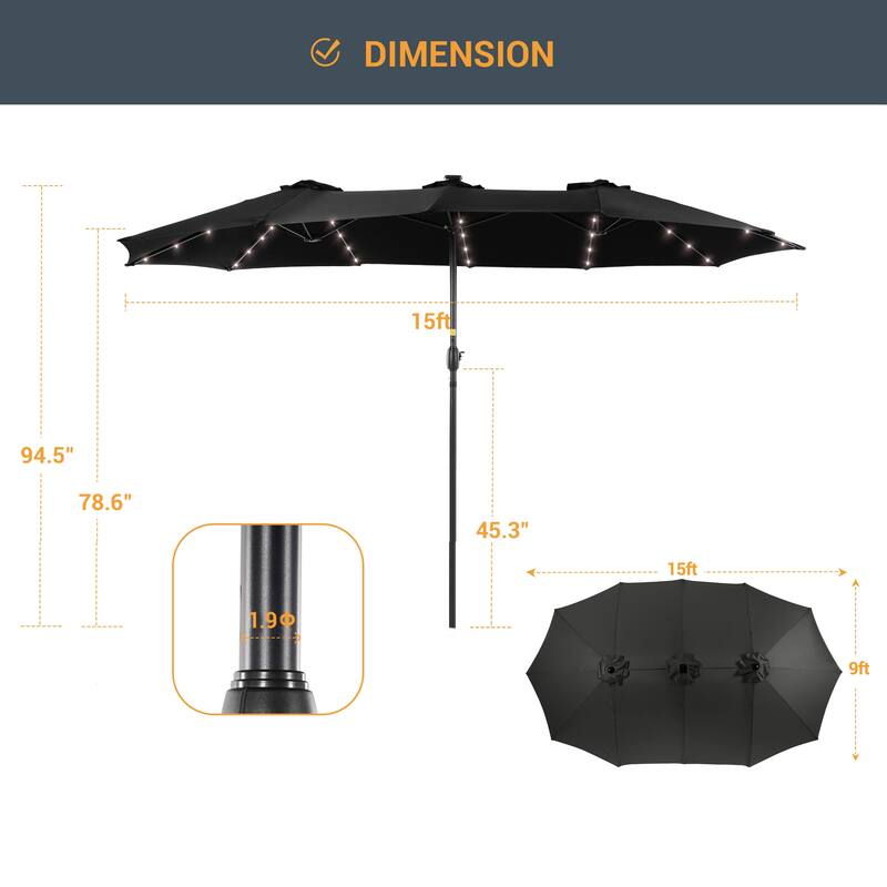 Livoosun 15×9FT LED Double-sided Patio Umbrella with BASE UPF50+ and Handle, and Wind-Resistant Design