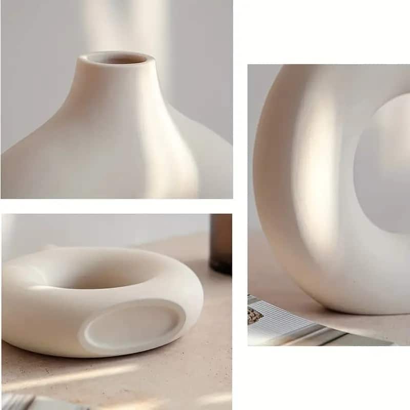 Curata Set of 2 White Ceramic Donut Vases - Modern Home Décor