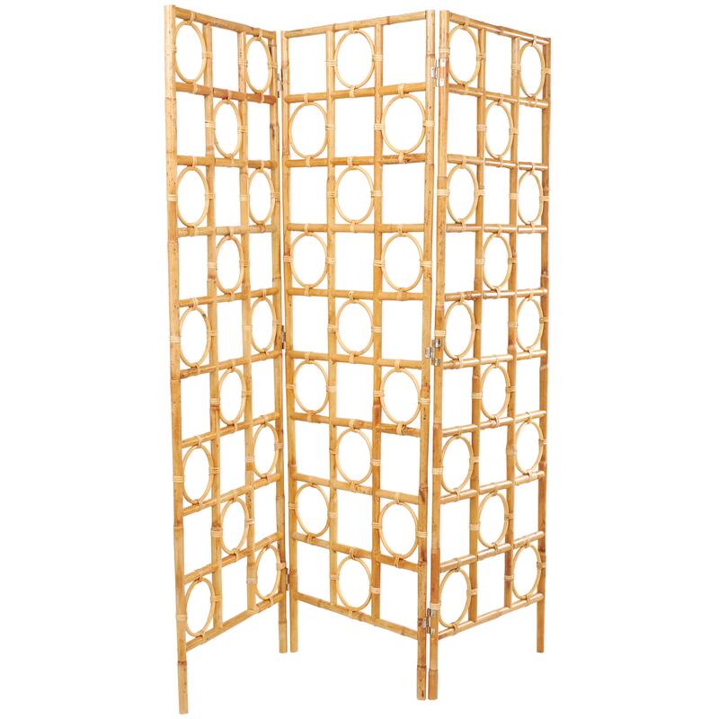 Brown Rattan Handmade Woven Geometric 3 Panel Geometric Partition Room Divider Screen with Open Frame Design