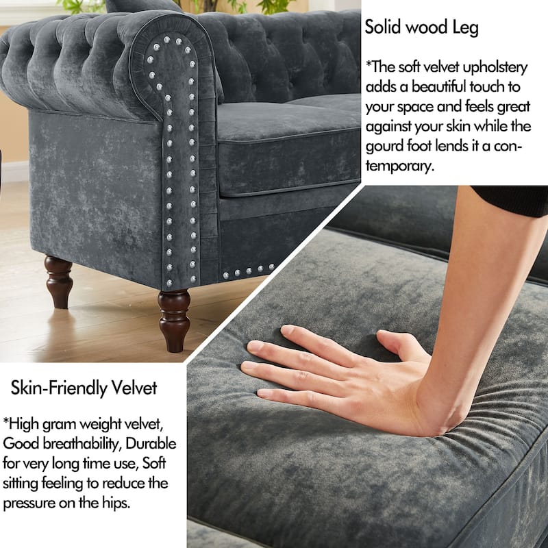 80" Velvet Chesterfield L-Shaped Sofa with Tufting & Rolled Arms