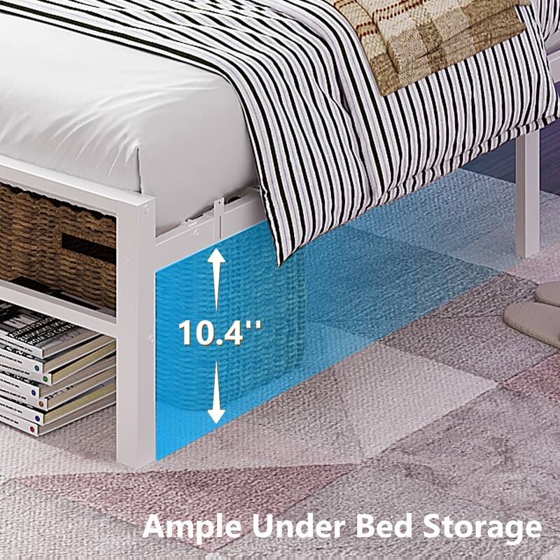 Twin Metal Platform Bed Frame with Storage Headboard,LED Lights,Charging Station,Wooden Storage Shelf,Underbed Storage Space