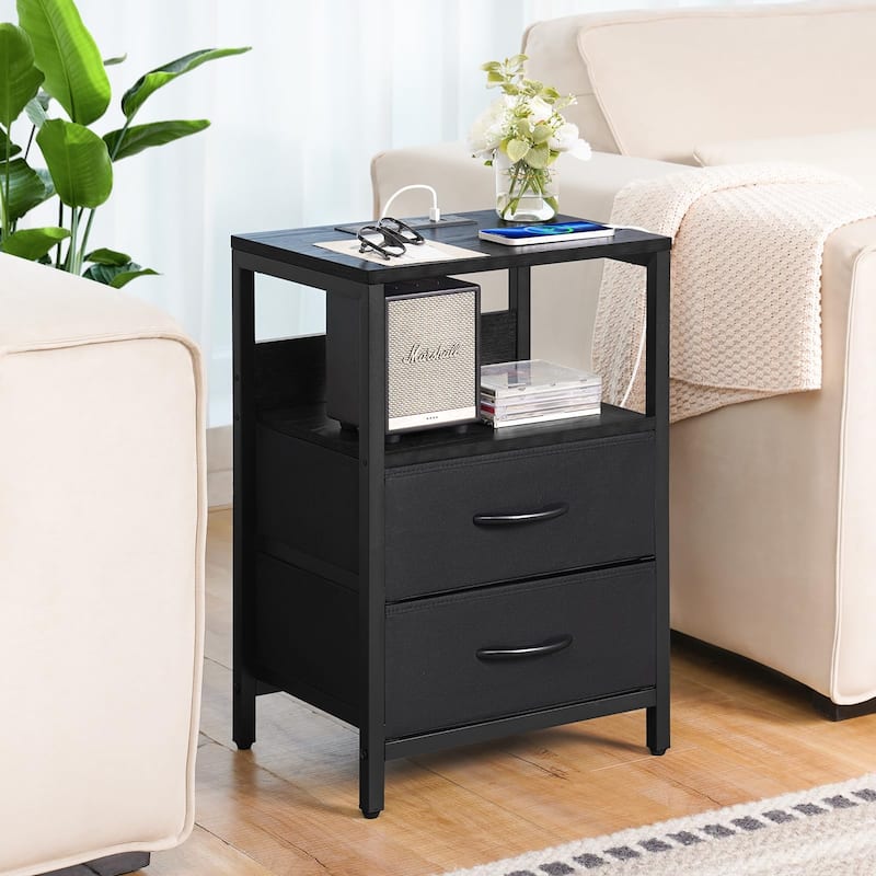 Nightstand with Charging Station,Small Night Stand with Fabric Drawers & Storage Shelf,Small Spaces with USB Ports & Outlets