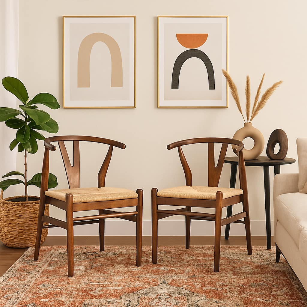 Cera Dining Chair Set of 2, Handwoven Rope, Cappuccino Brown Wood