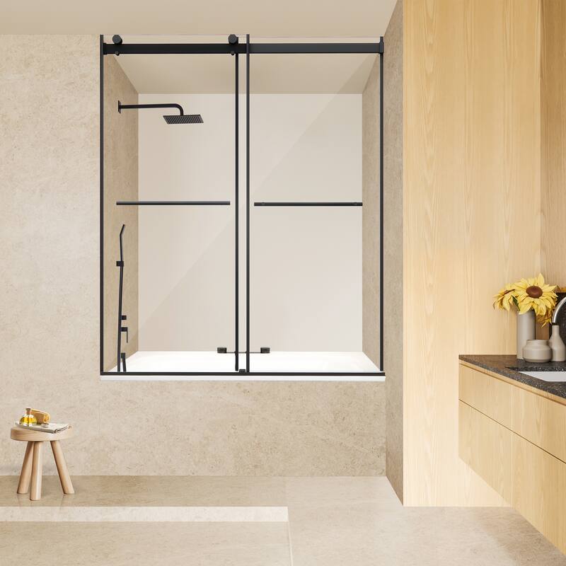 Altair Belizzi By Pass Frameless Tub Door in Matte Black Finish with Clear Glass - 60"W x 58"H