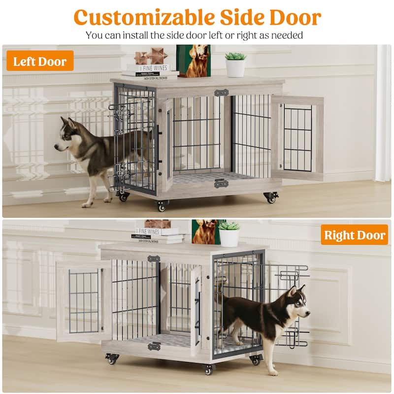 Dog Crate Indoor Heavy Duty Double Doors Wooden Dog Cage with Cushion