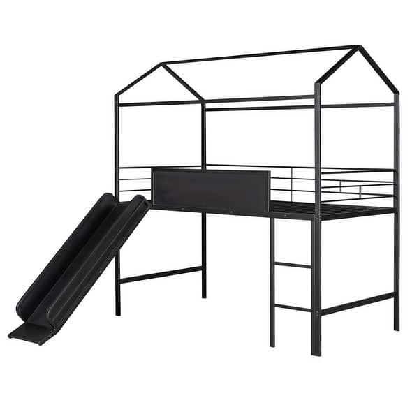 slide 2 of 38, Playhouse Design Twin Size Metal Loft Bed,Built-In Slides and Writing Board Black