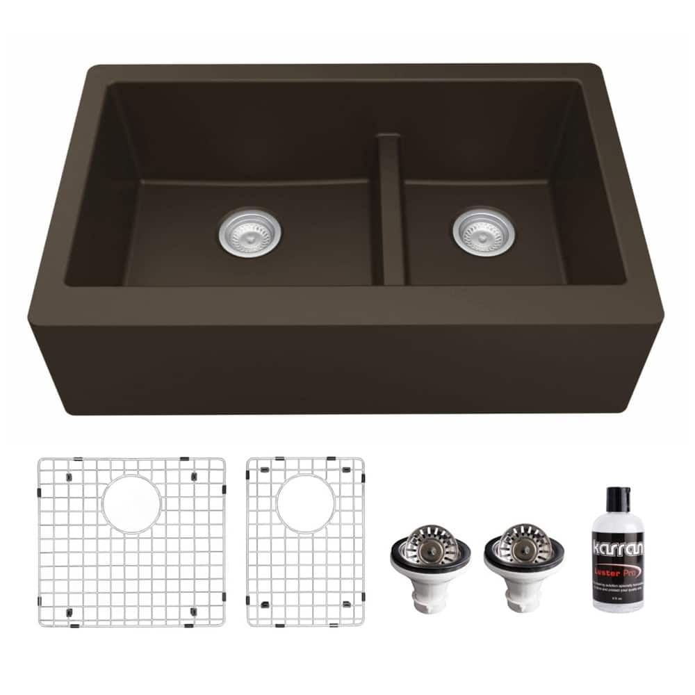 Karran Farmhouse/Apron-Front Quartz Double Bowl Kitchen Sink Kit
