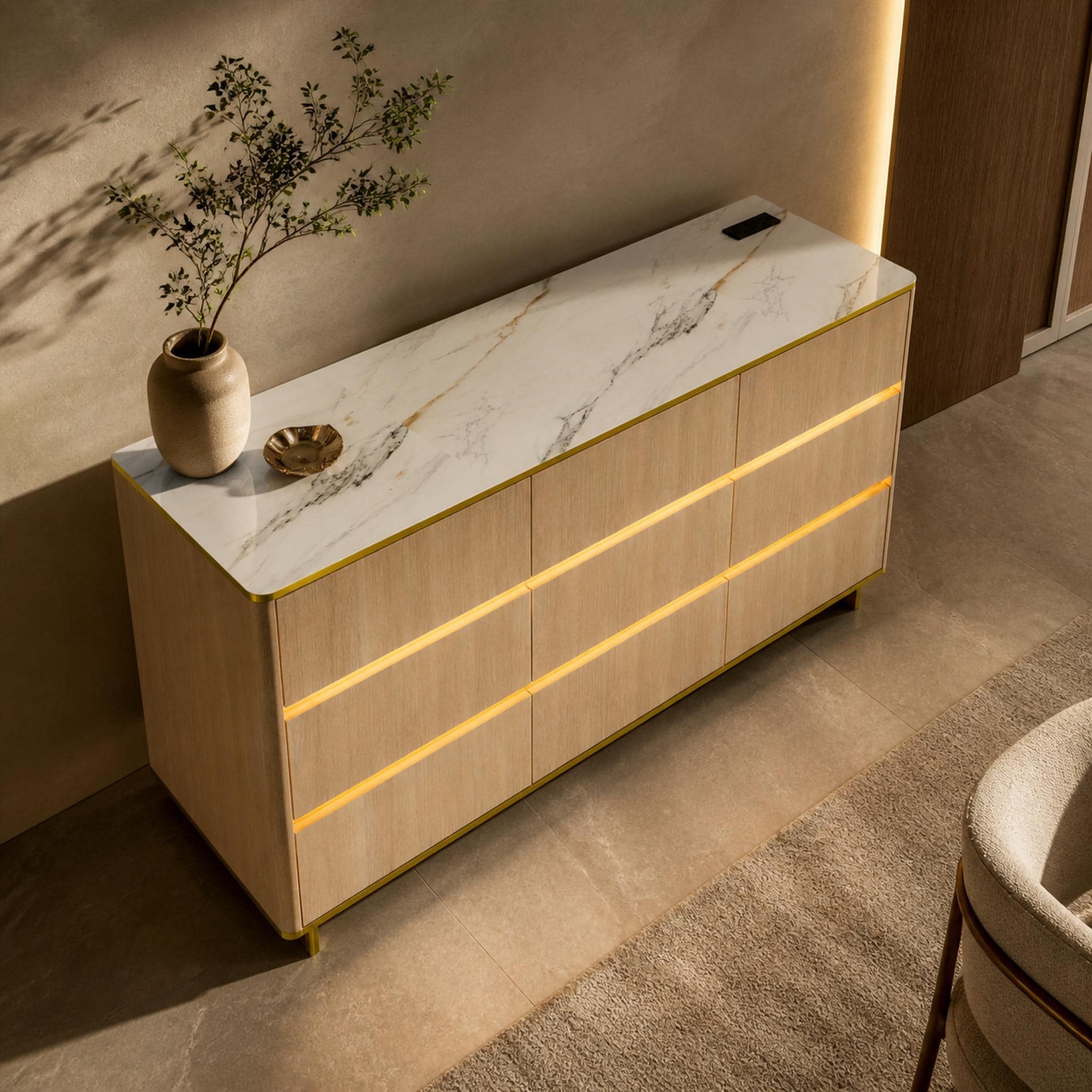 63" Wide 9-Drawer Dresser with Power Outlet LED Modern Storage Chest with High-Gloss Marble-Look UV Top