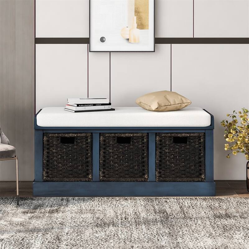 Merax Entryway Storage Bench with 3 Removable Baskets and Cushion