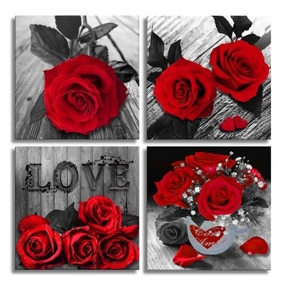 Canvas Wall Art Red Rose Painting Black and White Wall Art Flower ...