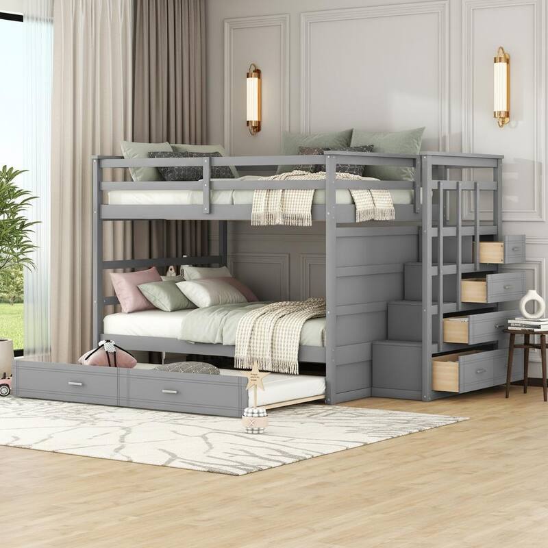 Full-Over-Full Staircase Bunk Bed with Pull-Out Twin Trundle and 4-Drawer Storage by Harper&Bright Designs - Grey