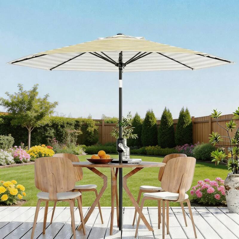 9 ft Patio Umbrella, with Crank Lift & Push Button Tilt, 8 Sturdy Ribs - Brown & White Stripe
